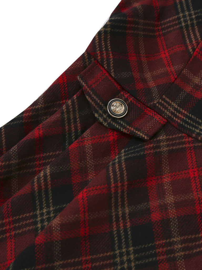 2PCS Rot 1940er Peter Pan Kragen Bluse & Plaid Swing Kleid