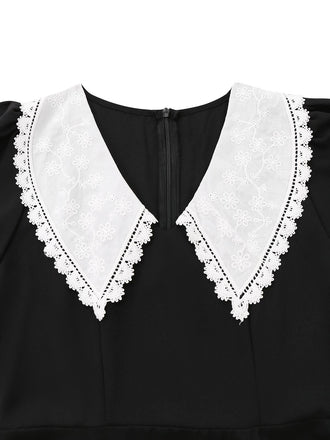 Schwarz 1960er Spitze Kragen Puffärmel Kleid