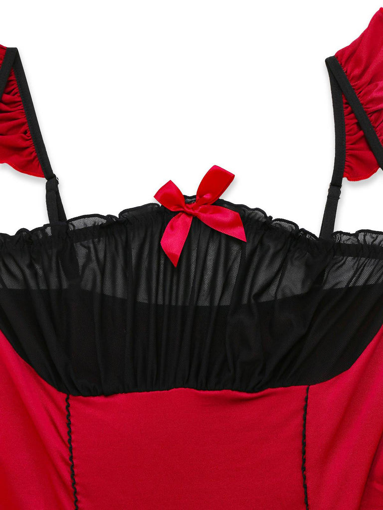 Rot 1960er Bogen Spitze Patchwork Rüschen Nachthemd