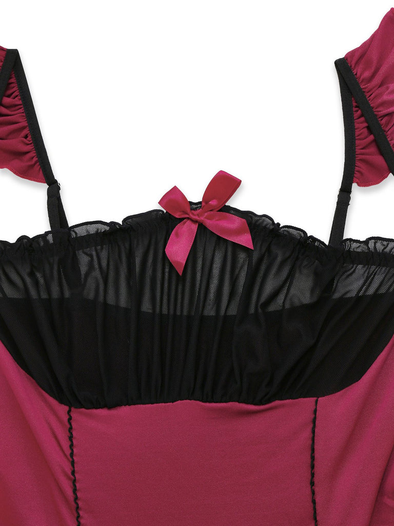 Rot 1960er Bogen Spitze Patchwork Rüschen Nachthemd