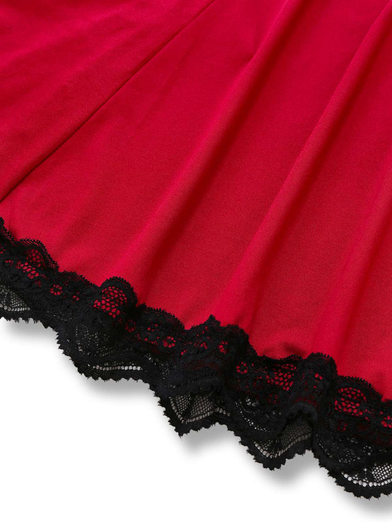 Rot 1960er Bogen Spitze Patchwork Rüschen Nachthemd