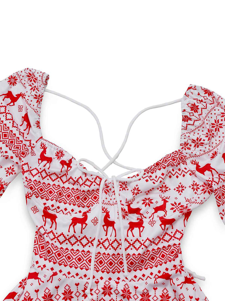 Rot 1960er Weihnachten Reindeer Schnürung Rückenfrei Kleid