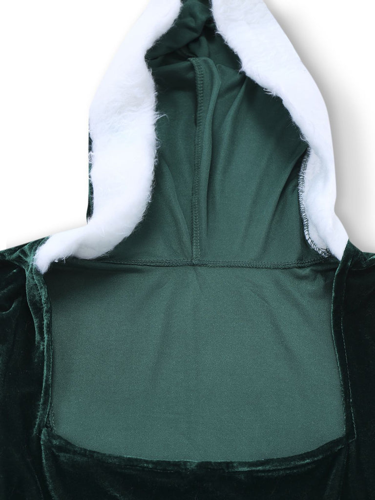 1980er Weihnachten Pelzbesatz Hooded Samt Kleid