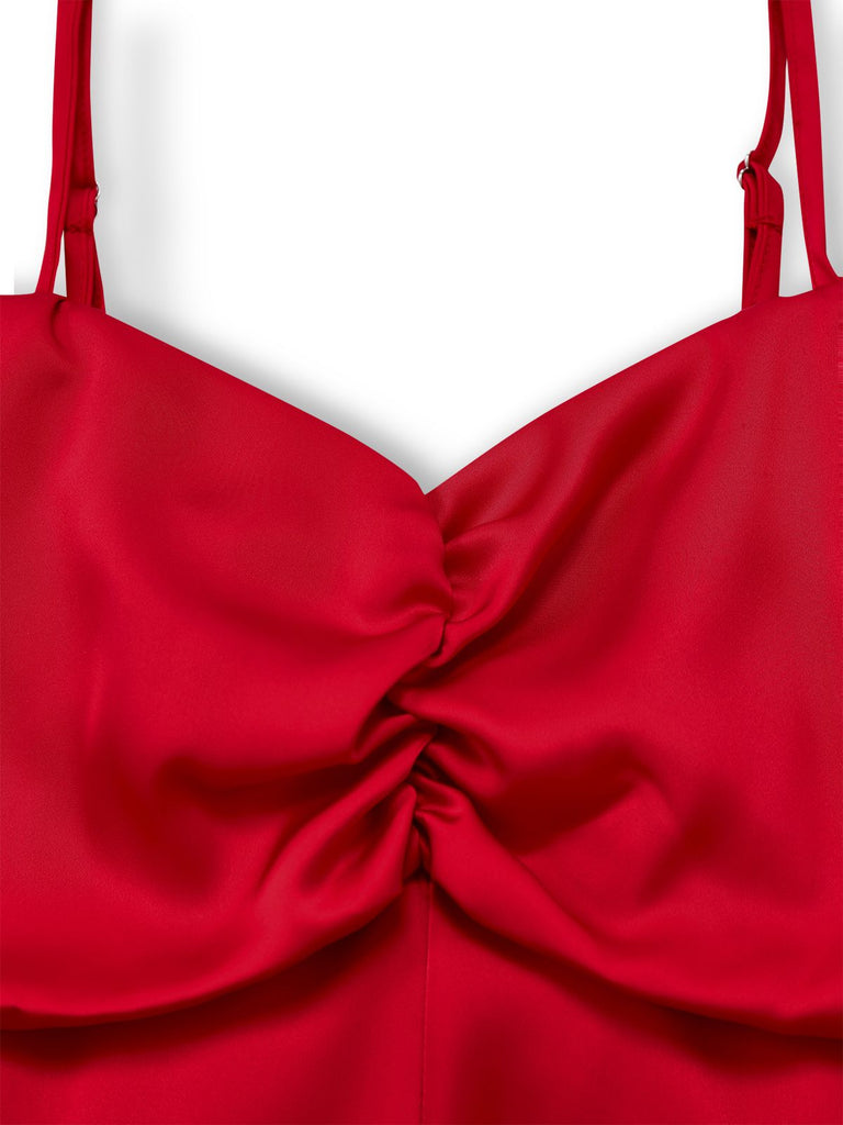 Rot 1980er Bogen Schulterfrei Satin Seitenschlitz Midi Kleid