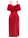 Rot 1980er Bogen Schulterfrei Satin Seitenschlitz Midi Kleid