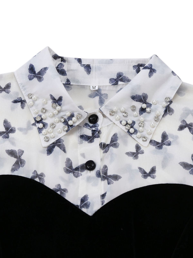 Weiß 1980er Schmetterling Perle Plissiertes Samt Korsett Midi Kleid