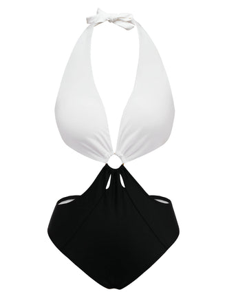 Weiß 1960er Halfter Tief V-Ausschnitt Badeanzug