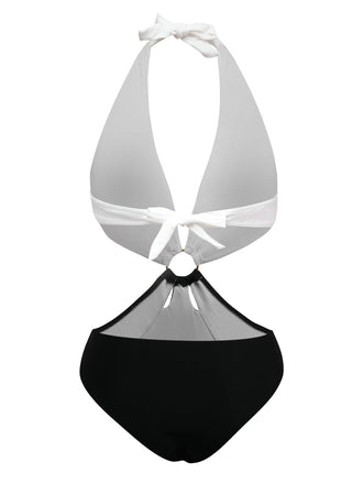 Weiß 1960er Halfter Tief V-Ausschnitt Badeanzug