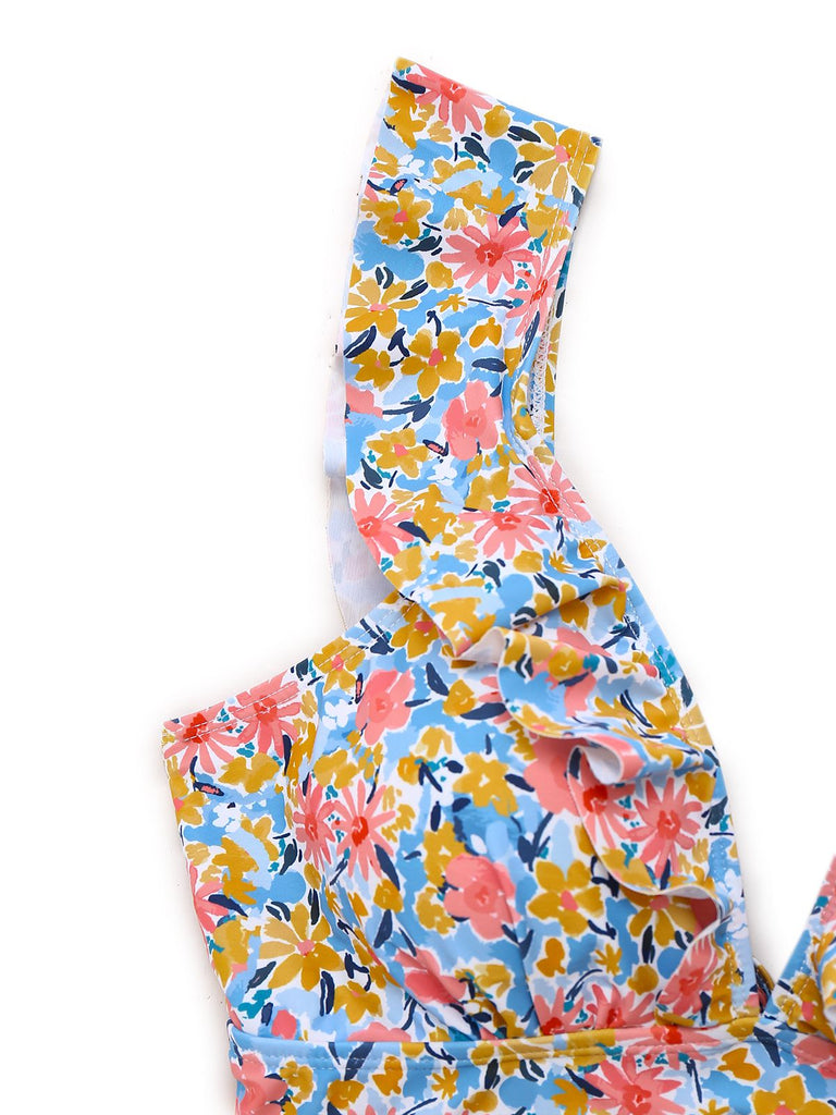 1950er Rüschen Kleine Blumen Tief V-Ausschnitt Badeanzug