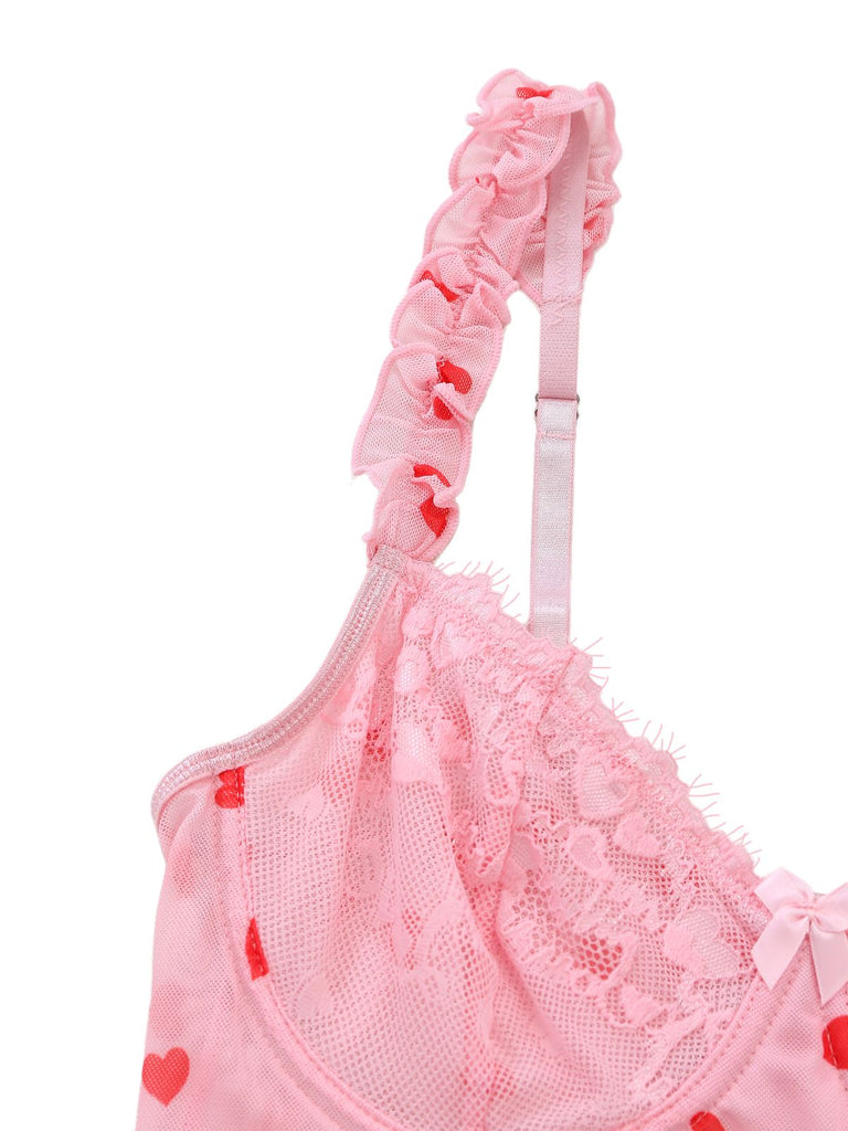 Rosa 1980er Herz Spitze Durchsichtig Bodysuit Nachthemden