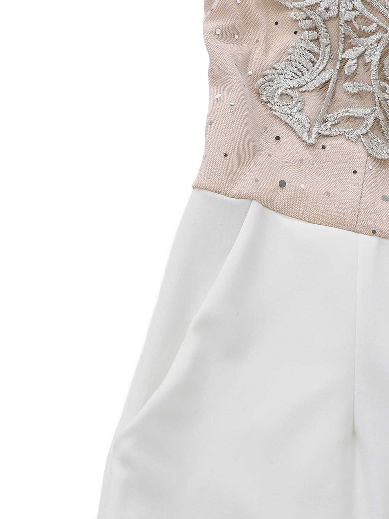 Weiß 1960er Trägerlos Besticktes Korsett Jumpsuit