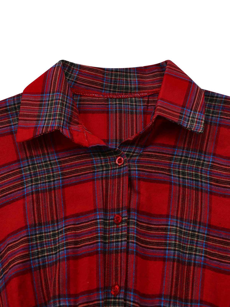 1940er Tartan Plaid Langarm Gürtel Shirt Kleid