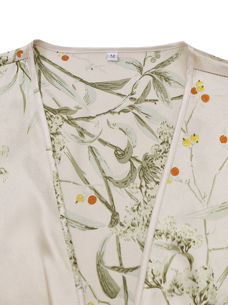 2PCS 1950er Blumen Träger Satin Nachthemd & Bademantel