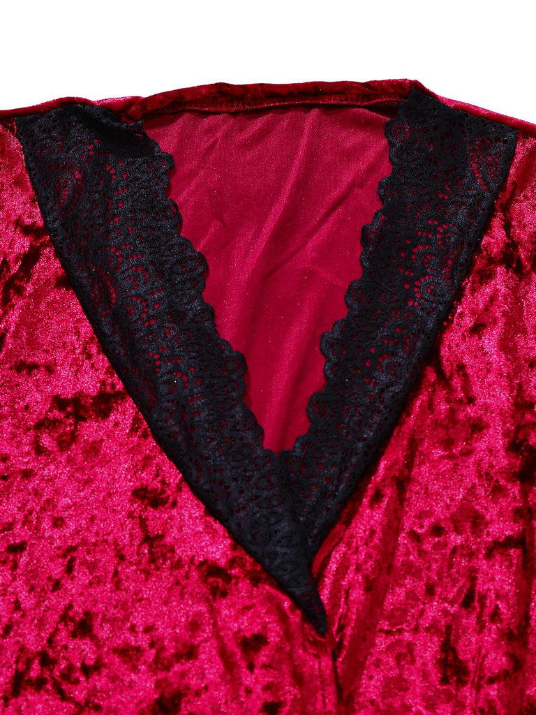 1930er Samt Spitze Lang Ärmel Patchwork Pyjama Robe