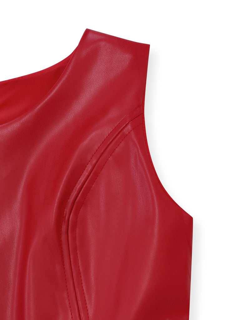 1940er Solide Leder A-Linie Ärmelloses Kleid