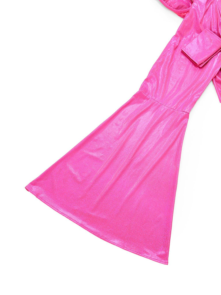 [Vorverkauf] Rosa 1970er Tief V-Ausschnitt Disko Metallisch Jumpsuit