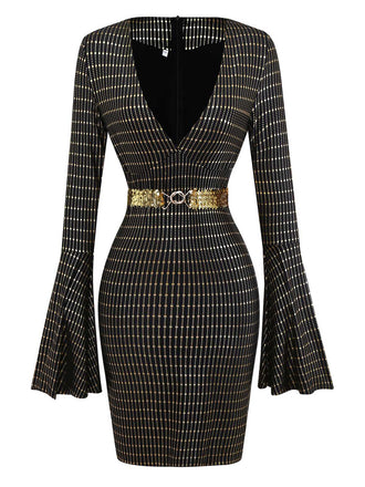 Schwarz 1970er Glockenärmel Sheer Gürtel Disco Kleid