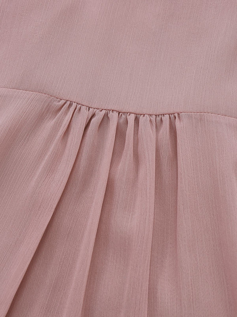 Rosa 1980er Chiffon Rüschen Hochhals Bluse