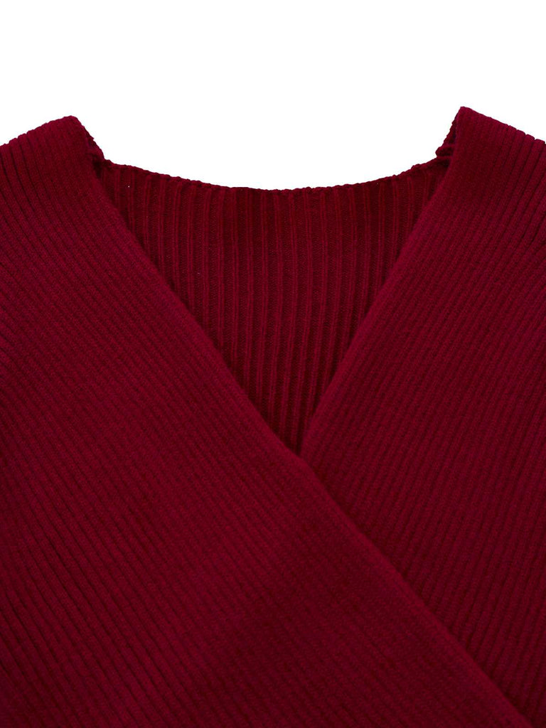 1960er V-Ausschnitt Rippstrick Taste Enges Kleid