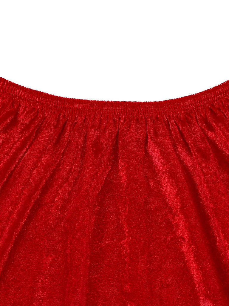 1960er Weihnachten Grün V-Ausschnitt Top & Rot Pelzbesatz Rock