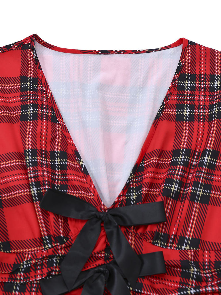 Rot 1950er Plaid Bogen Tief-V Langarm Kleid