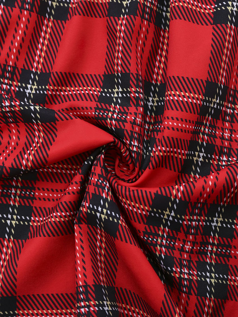 Rot 1950er Plaid Bogen Tief-V Langarm Kleid