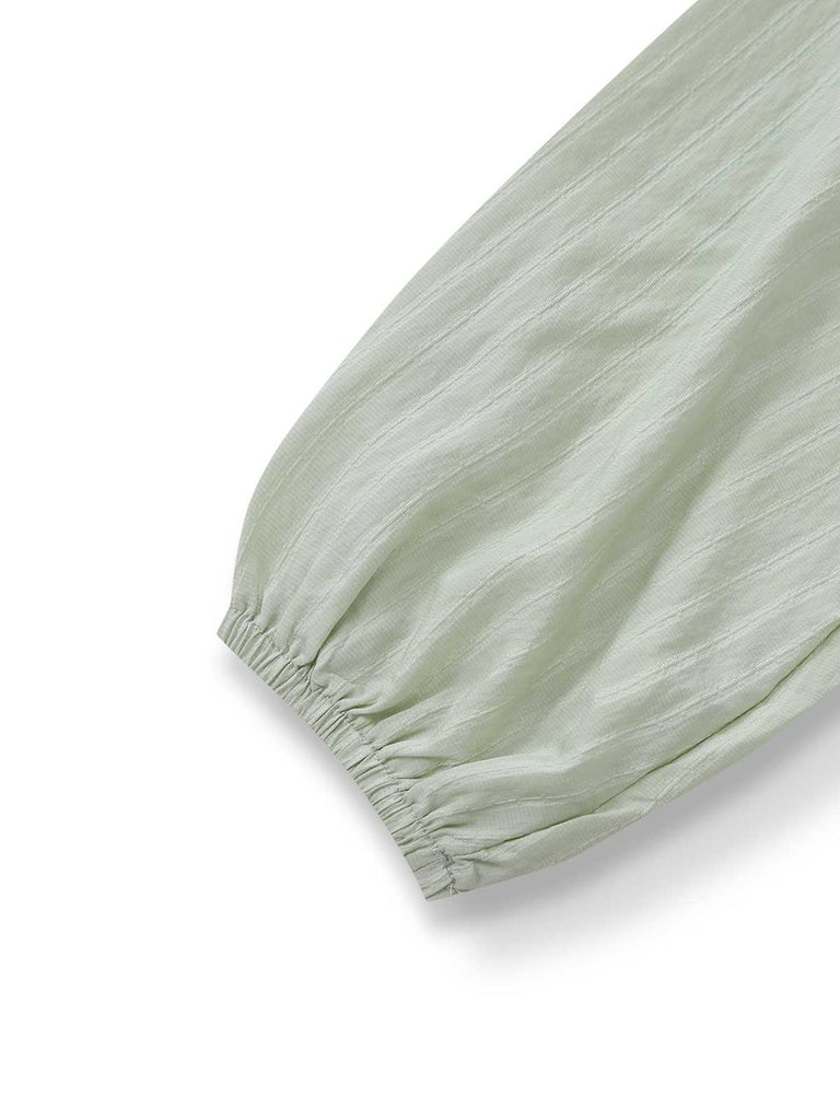 2PCS Grün 1980er Bindehals Bluse & Solide Rock