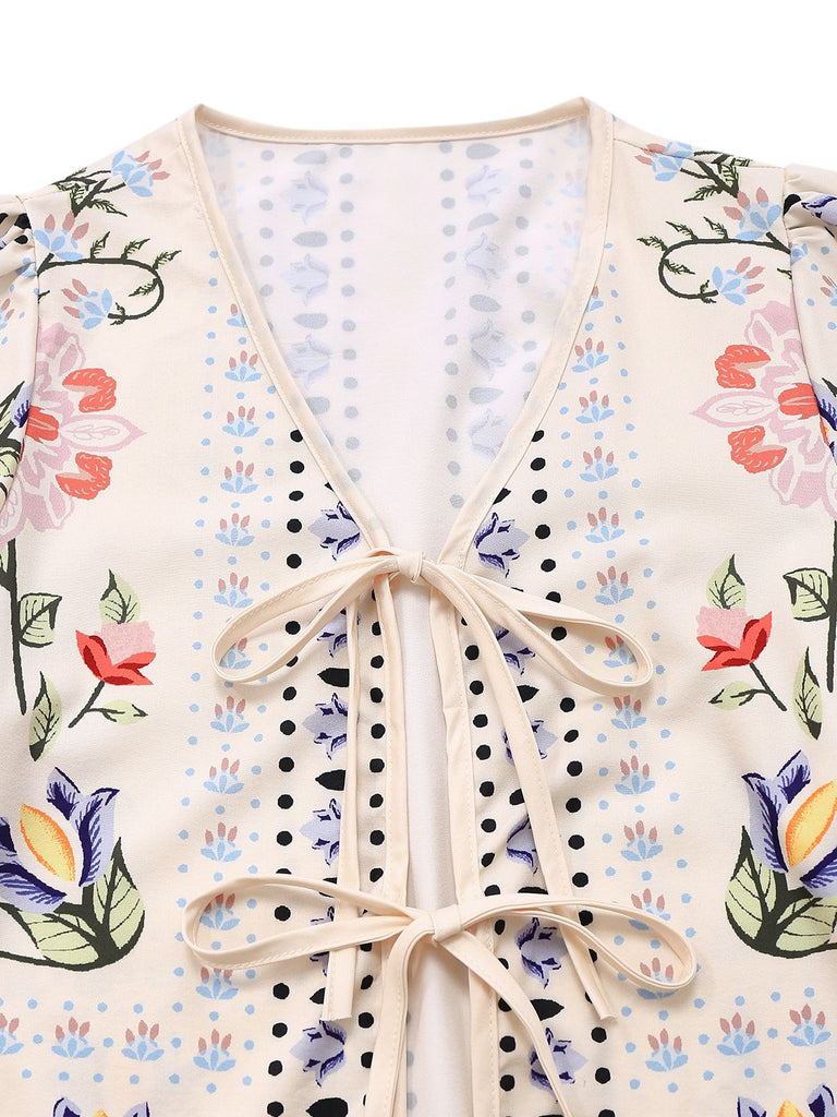 2PCS Cremeweiß 1950er Tropisch Pflanzen Boho Top & Hosen