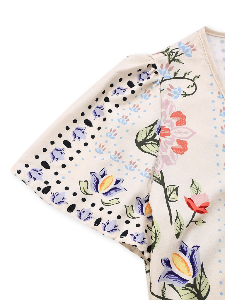 2PCS Cremeweiß 1950er Tropisch Pflanzen Boho Top & Hosen