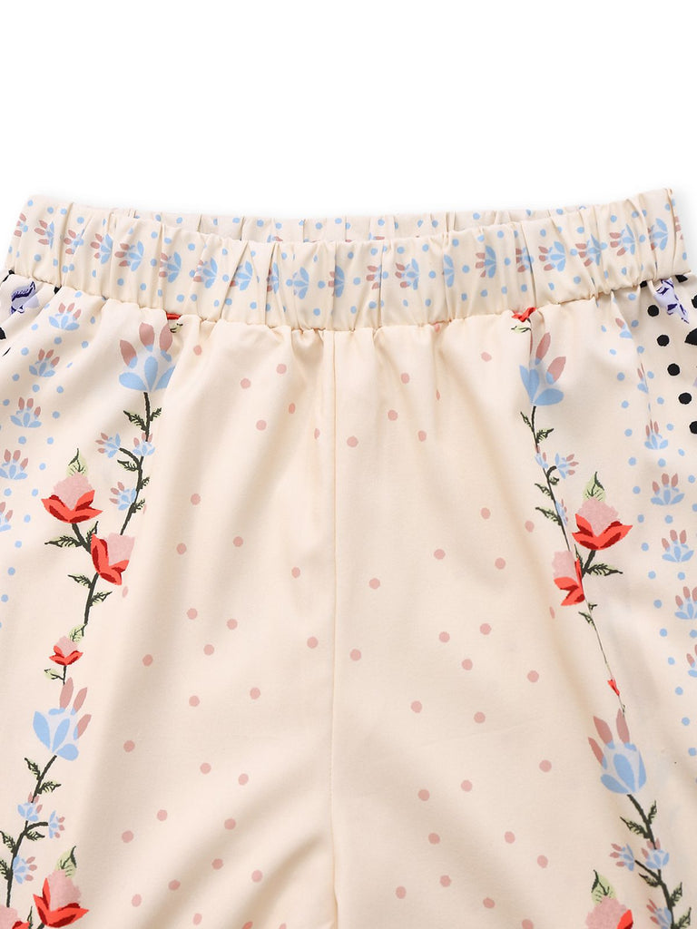 2PCS Cremeweiß 1950er Tropisch Pflanzen Boho Top & Hosen