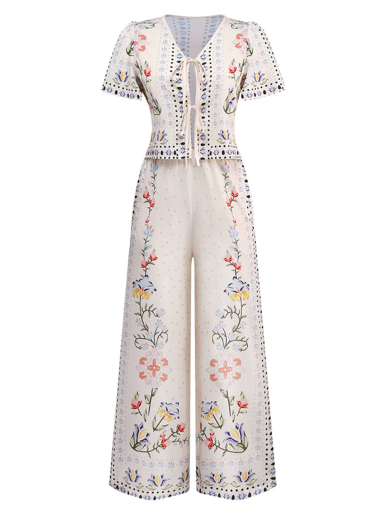 2PCS Cremeweiß 1950er Tropisch Pflanzen Boho Top & Hosen