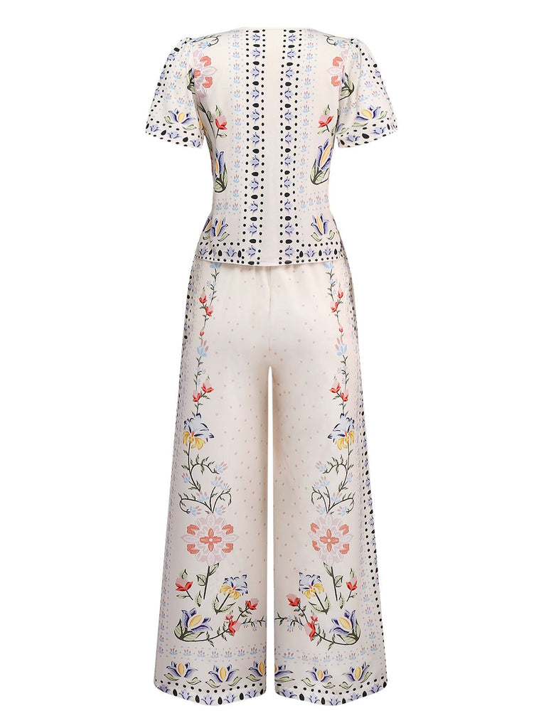 2PCS Cremeweiß 1950er Tropisch Pflanzen Boho Top & Hosen