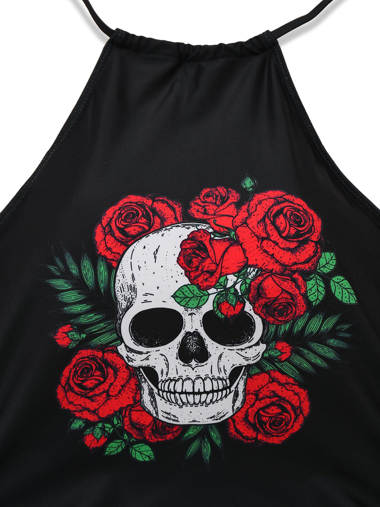 Schwarz 1980er Steampunk Halter Skeleton Rose Bademode