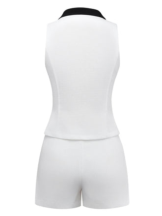 2PCS Weiß 1960er Revers Kragen Taste Ärmellos Top & Shorts