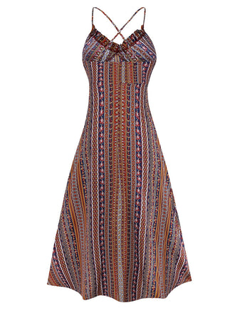 1970er Unregelmäßiger Druck Rückenfrei Boho Kleid