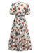 Beige 1940er Blumen & Vögel Druck Puffärmel Kleid