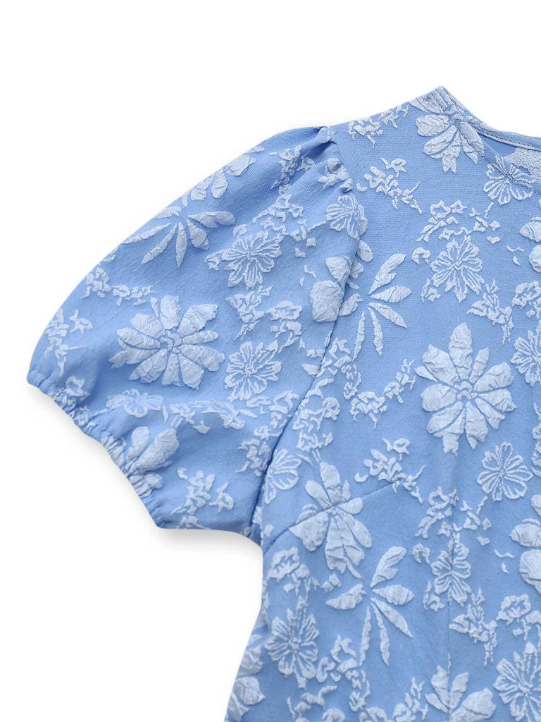 Hellblau 1960er Gänseblümchen Puffärmel Kleid