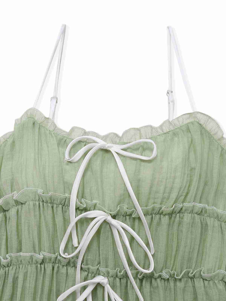 Grün 1940er Spaghetti Träger Bogen Kleid