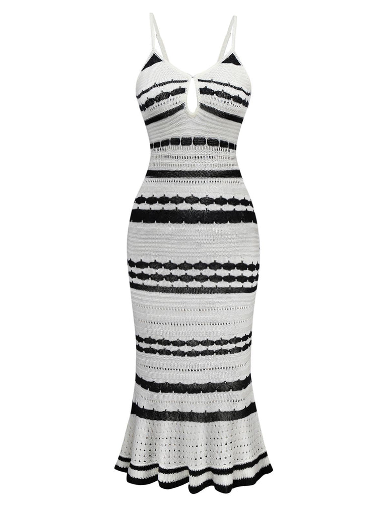 Weiß 1970er Streifen Stricken Enges Kleid