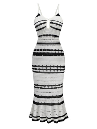 Weiß 1970er Streifen Stricken Enges Kleid