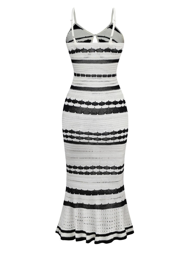 Weiß 1970er Streifen Stricken Enges Kleid