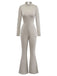 Beige 1980er Glitzer Samt Ausgestellt Rollkragen Jumpsuit