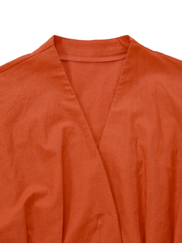 Orange 1940er Solide V-Ausschnitt Brosche Knopf Kleid