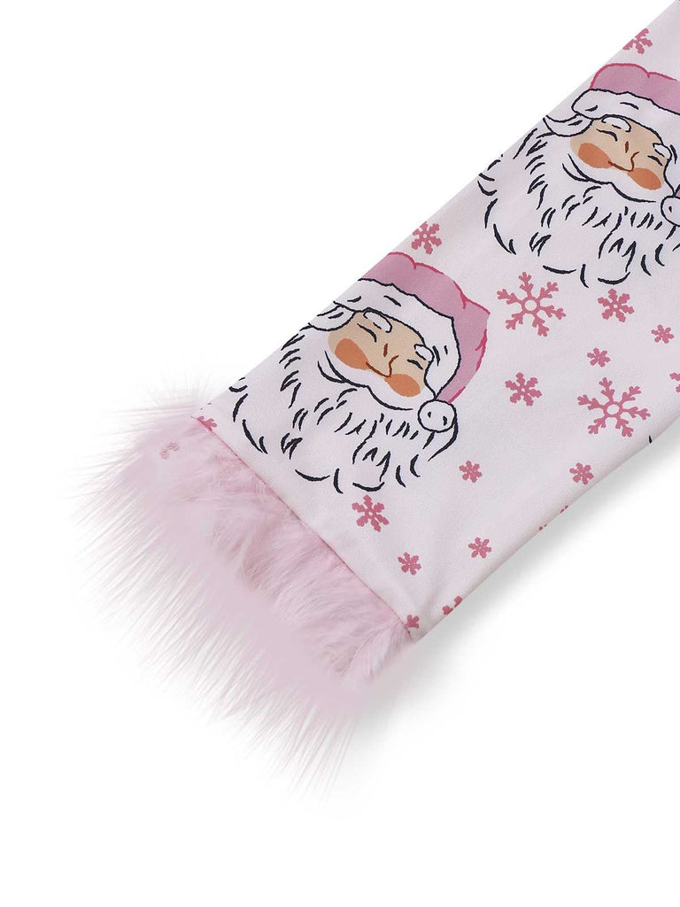 Rosa 1950er Santa Muster Pelzbesatz Pyjama Set