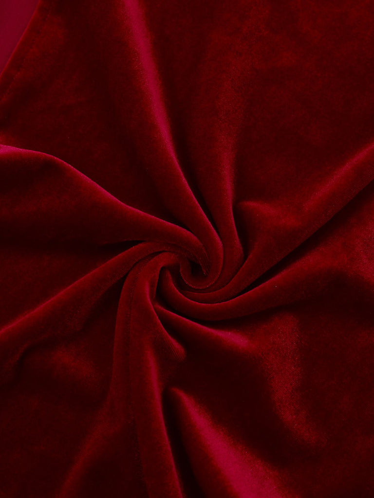 Burgunderrot 1980er Samt Trägerlos Schlitz Kleid