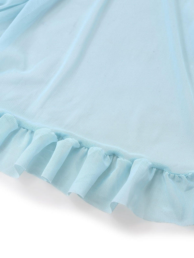 Aqua Blau 1980er Spitze Bogen Dessous Set