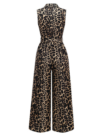 1970er Revers Leopard Ärmellos Gürtel Jumpsuit