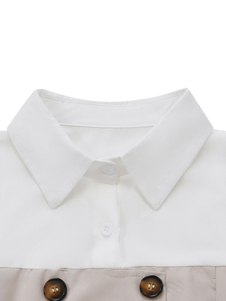 Khaki 1940er Farbblock Revers Durchgeknöpft Midi Kleid