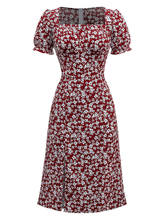 Rot 1940er Blumen Quadratischer Hals Puffärmel Kleid