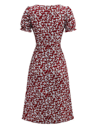 Rot 1940er Blumen Quadratischer Hals Puffärmel Kleid